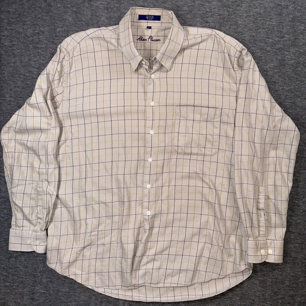 Alan Flusser Button Down Shirt Mens Cotton Windowpane Check Tan XL Excellent